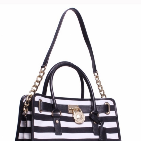 Michael Kors Large Hamilton Striped Bag Tote Black - Picture 2 of 7